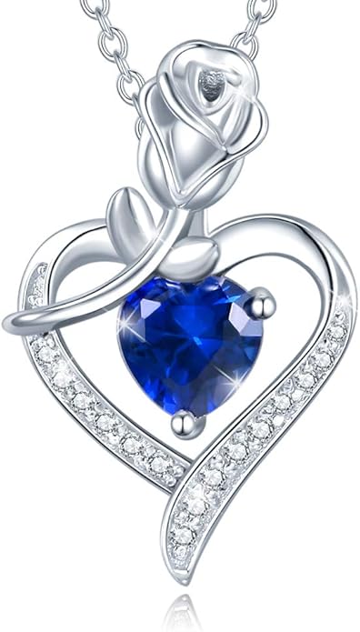 AGVANA Rosy Reverie Birthstone Necklace for Women Sterling Silver Genuine or Created Gemstone Rose Flower Heart Pendant Necklace Anniversary Birthday Gifts for Women Mom Wife Her