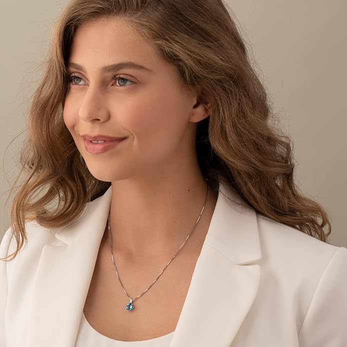 PEORA 14K White Gold Swiss Blue Topaz Pendant for Women, Genuine Gemstone Solitaire, Round Shape, 8mm, 2.50 Carats total, AAA Grade, Blue Gemstone Necklace, December Birthstone Gold Necklace