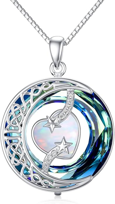 TOUPOP Birthstone Necklace 925 Sterling Silver Moon and Star Pendant with Blue Crystal Celtic Moon Jewelry Birthday Christmas Gifts for Women Mom Wife Her Daughter
