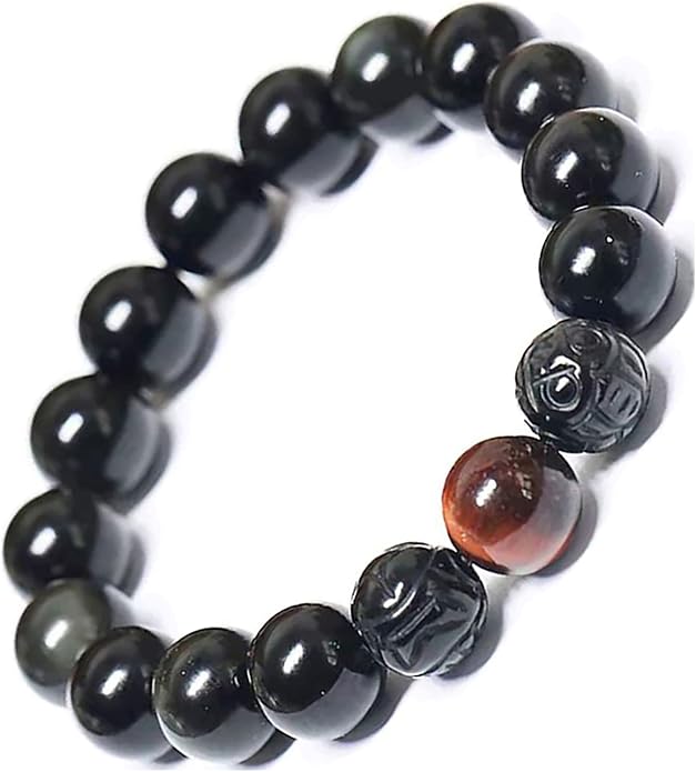Black Obsidian Bracelet,Feng Shui Black Obsidian Wealth Bracelet for Women Men Couples Handmade Stretch Obsidian Bracelet Bangle with Carved Pixiu Tiger Eye Stone Attract Wealth Money and Good Luck