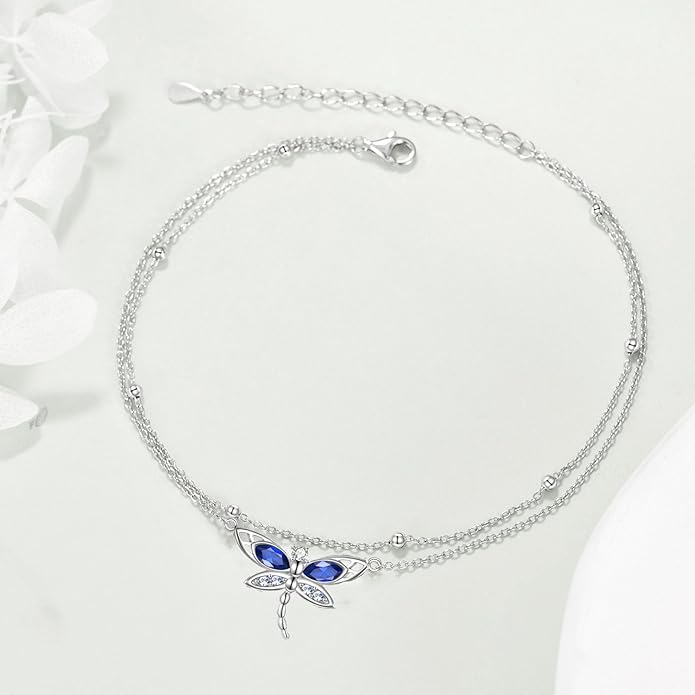 TIGER RIDER Dragonfly Anklet Sterling Silver Dragonfly Gifts Jewelry for Women with Crystal Birthday Anniversary