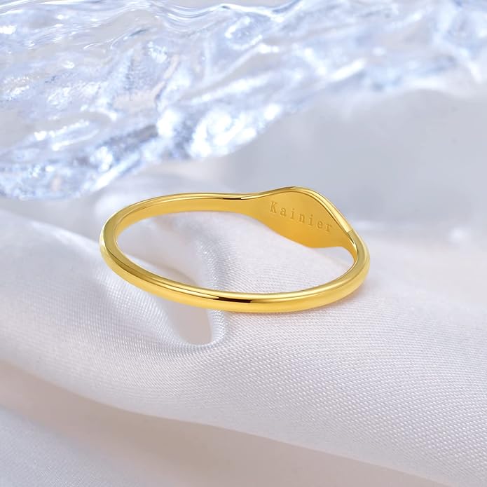 Kainier 14K Gold Plated Signet Rings Stackable Plain Slim Oval-shaped Thin Pinky Band for Women - 1.5mm Classic Dainty Cute Stacking Ring with Comfort Fit - Sizes 5-10