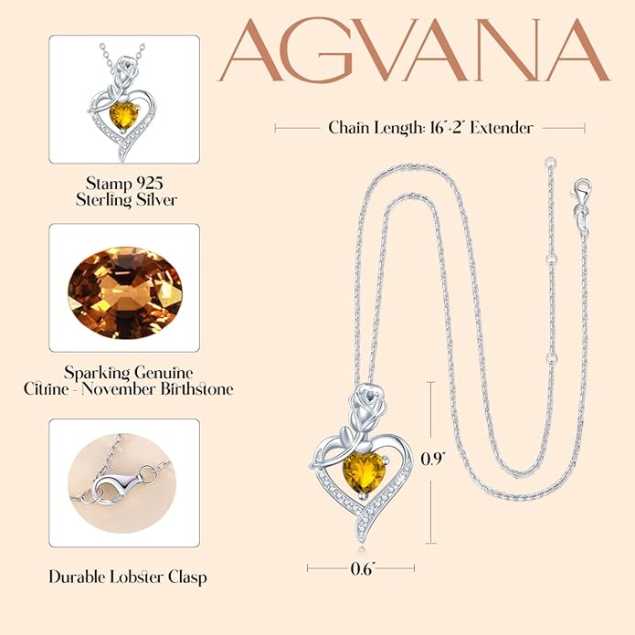 AGVANA Rosy Reverie Birthstone Necklace for Women Sterling Silver Genuine or Created Gemstone Rose Flower Heart Pendant Necklace Anniversary Birthday Gifts for Women Mom Wife Her