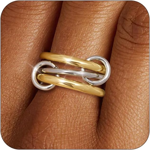 TLY Stackable Gold Rings for Women Non Tarnish 18K Gold Plated Interlocking Ring Stack Set Gold Silver Mixed Metal Statement Rings Dainty Cubic Zirconia CZ Fashion Connected Band Thumb Ring Size 4-11 Jewelry Gift for Women
