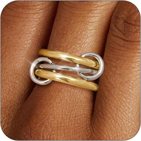 TLY Stackable Gold Rings for Women Non Tarnish 18K Gold Plated Interlocking Ring Stack Set Gold Silver Mixed Metal Statement Rings Dainty Cubic Zirconia CZ Fashion Connected Band Thumb Ring Size 4-11 Jewelry Gift for Women