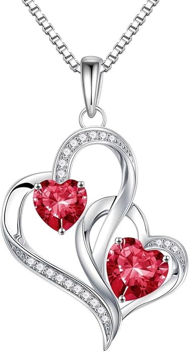 Iefil Birthstone Necklace for Women - 925 Sterling Silver Double Birthstone Heart Necklace | Anniversary Birthday Gifts for Women | Personalized Gifts | Jewelry Gifts for Wife Mom Girlfriend