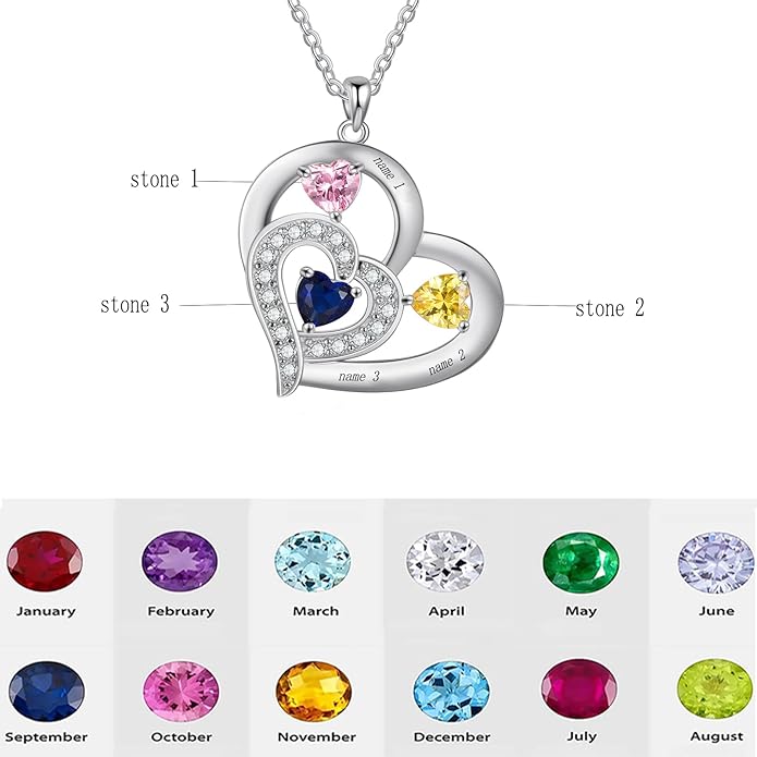 10K 14K 18K Gold Natural Diamond Personalized Mother Name Necklace with 1-6 Birthstones Sterling Silver Custom Heart Name Necklace for Women Mom Grandmother Wife Friend Gifts for Mother's Day