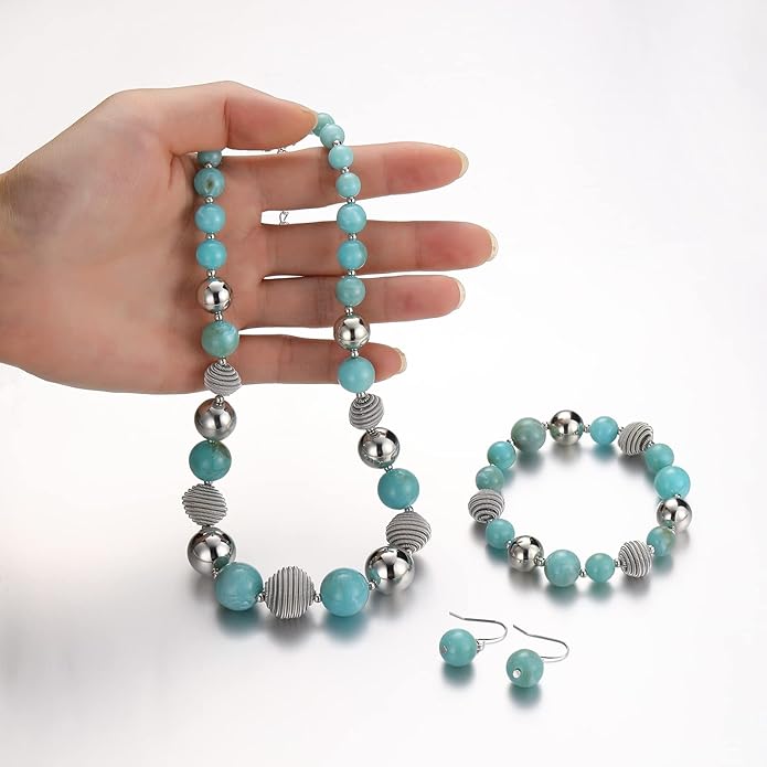 PEARL&CLUB Beaded Chunky Statement Necklace Earring and Bracelet Set Silver Metal Bead Fashion Jewelry Set Mothers’ Day Gifts for Women