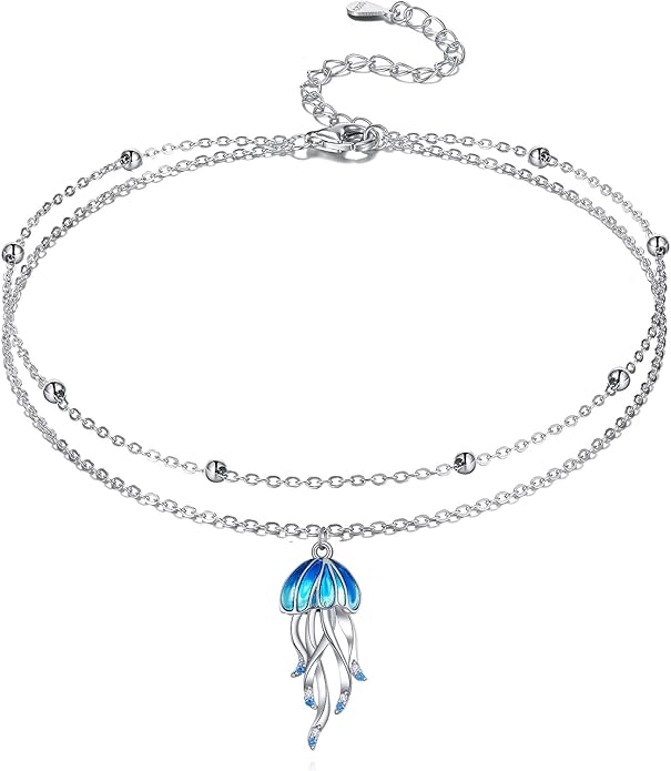 POPLYKE Jellyfish Anklet for Women Sterling Silver Double Layer Blue Ocean Anklet Sea Jewelry Gift for Summer Beach