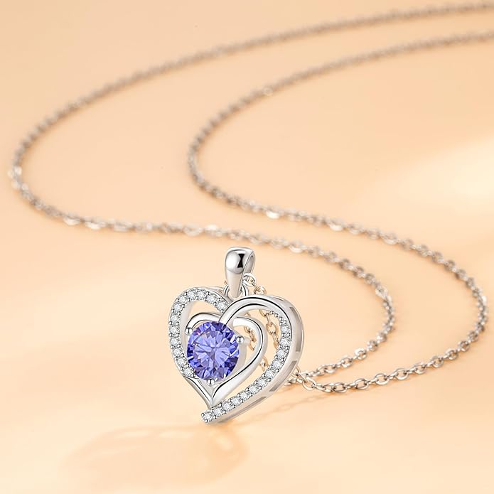 Heart Necklace, I Love You Always & Forever, Birthstone Cubic Zirconia Pendant, Gift for Women