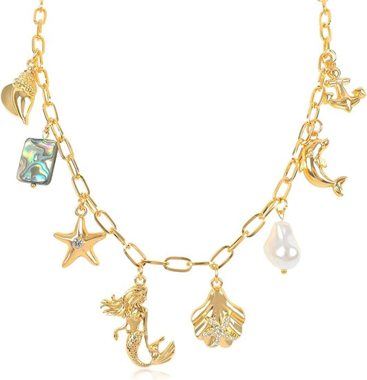 Gold Plated Paperclip Chain Beach Charm Necklace for Women Cute Shell Bow Dainty Beachy Starfish Pearl Seashell Strawberry Fruit Heart Mermaid Summer Jewelry Gift