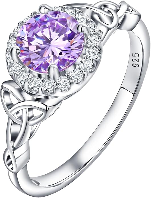 DAYBYDAY Celtic Birthstone Rings for Women 925 Sterling Silver Heart/Round/Pear/Oval Created Gemstone Moissanite Halo Engagement Promise Rings for Her Wife Birthday Anniversary Wedding Jewelry