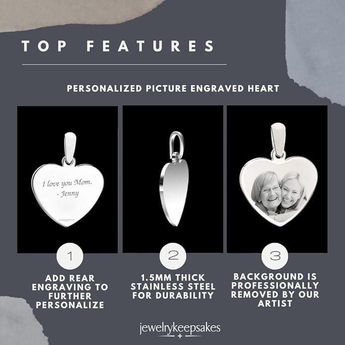 Personalized Picture Engraved Heart Pendant with 20" Chain
