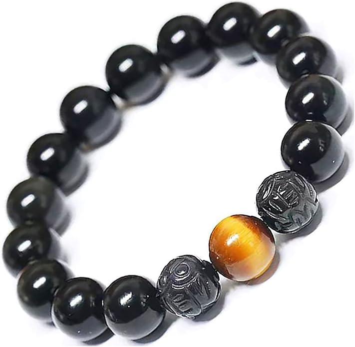 Black Obsidian Bracelet,Feng Shui Black Obsidian Wealth Bracelet for Women Men Couples Handmade Stretch Obsidian Bracelet Bangle with Carved Pixiu Tiger Eye Stone Attract Wealth Money and Good Luck