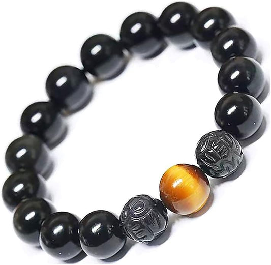 Black Obsidian Bracelet,Feng Shui Black Obsidian Wealth Bracelet for Women Men Couples Handmade Stretch Obsidian Bracelet Bangle with Carved Pixiu Tiger Eye Stone Attract Wealth Money and Good Luck