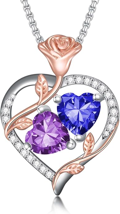 Jewelry for Her Double Heart Rose Birthstone Pendant Necklace Anniversary Jewelry Christmas Birthday Gifts for Women Wife Girlfriend