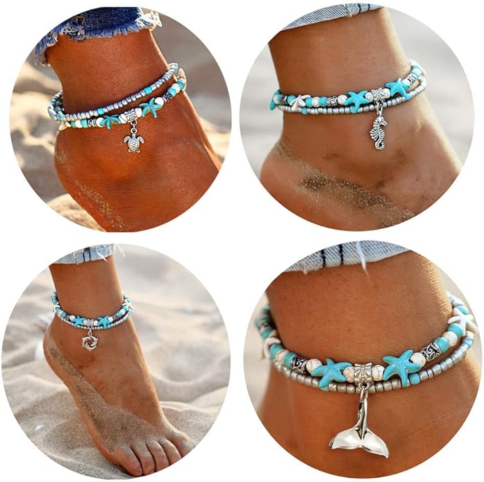 Starain Blue Turtle Anklets for Women Multilayer Beads Handmade Beach Ankle Bracelet Set Boho Foot Jewelry