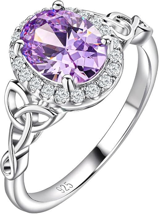 DAYBYDAY Celtic Birthstone Rings for Women 925 Sterling Silver Heart/Round/Pear/Oval Created Gemstone Moissanite Halo Engagement Promise Rings for Her Wife Birthday Anniversary Wedding Jewelry