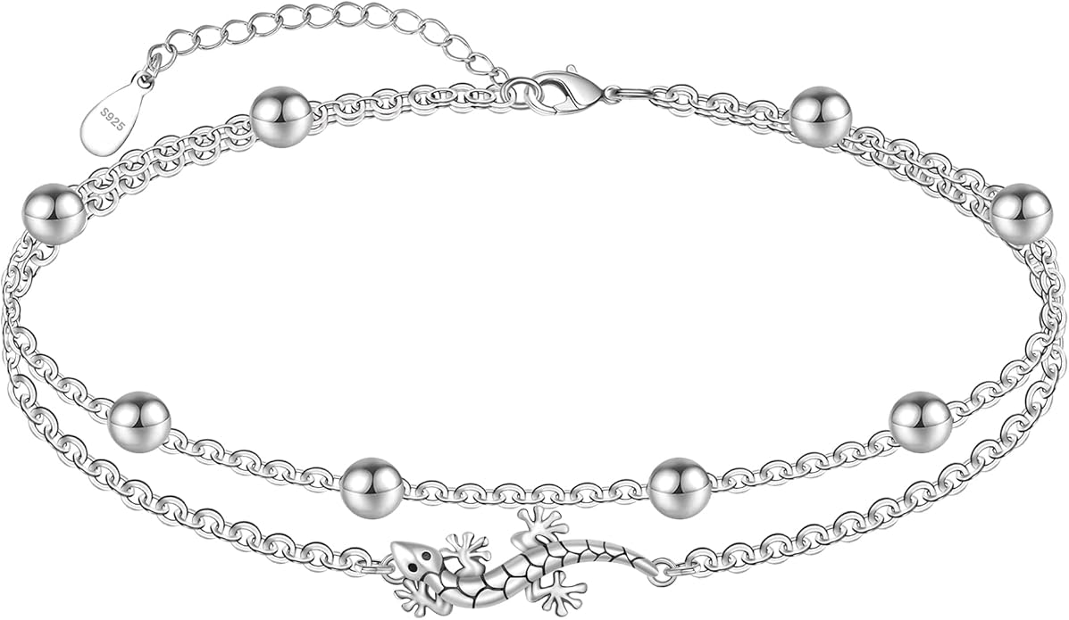 CHIC & ARTSY Womens Sterling Silver Created Opal Layered Anklet Bracelet Dainty Beaded Chain Adjustable 11" Best Friend Anklet