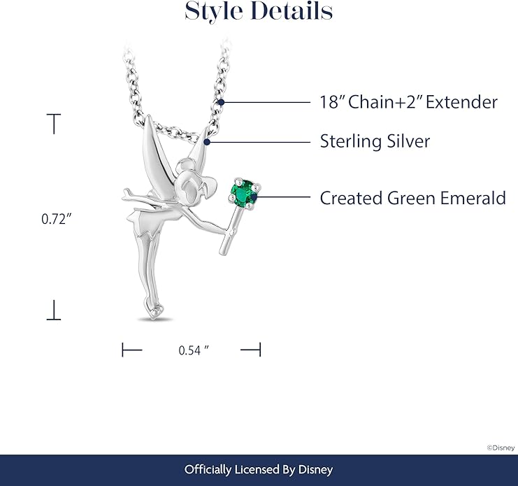Jewelili Enchanted Disney Fine Jewelry Tinker Bell Pendant Necklace for Women | Sterling Silver | 2.5 MM Round Created Emerald | 18" Cable Chain | Disney Princess Inspired Jewelry Gifts for Her |