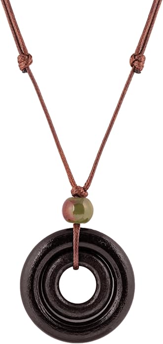 MINACHI Ethnic Boho Chic Double Wooden Ring Circle Necklace, Vintage Bohemian Summer Statement Jewelry Gift for Women