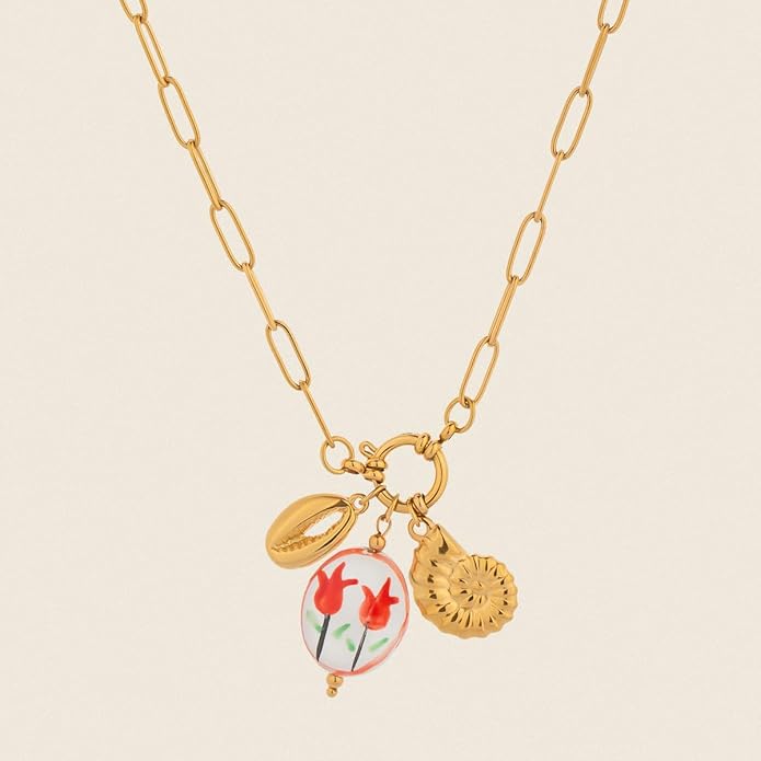 Chunky Retro Heart Necklace for Women Antique Layer Beach Ocean Moon Stars Western Boho Charm Necklaces Retro Link Chain Jewelry