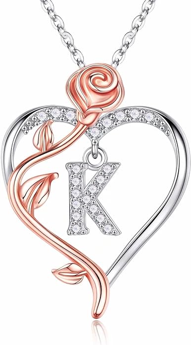 Iefil Rose Heart Necklaces Gifts for Women - 925 Sterling Silver Rose Heart Initial Necklace, Anniversary Birthday Gifts for Women, Jewelry Gift for Her Wife Girlfriend Mom Daughter