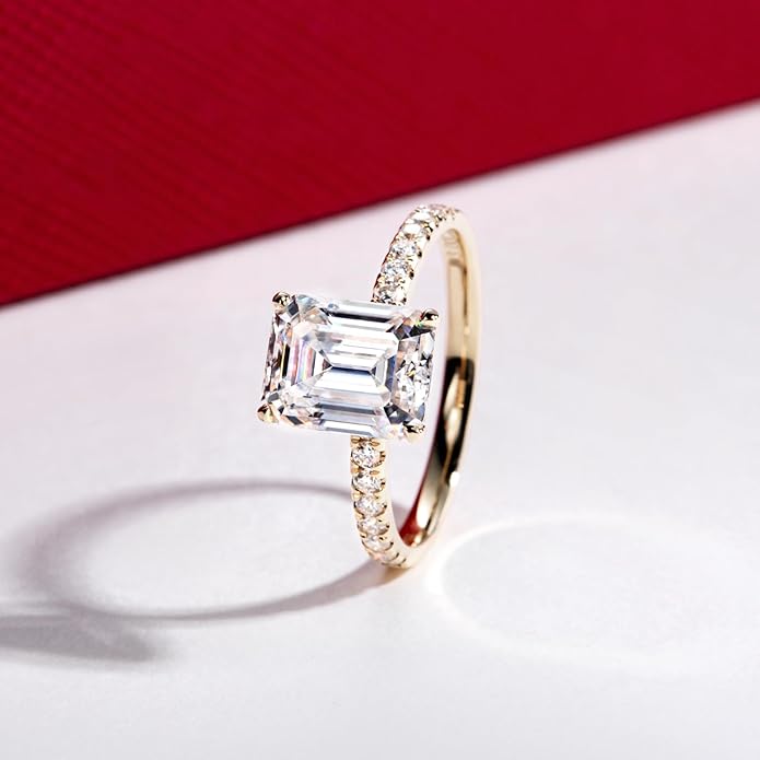 14K Solid Gold Side Stones Ring, Round/Princess Cut Centerpiece Moissanite Lab Grown Created Diamond, D Color and Flawless Real Gold Wedding Anniversary Ring