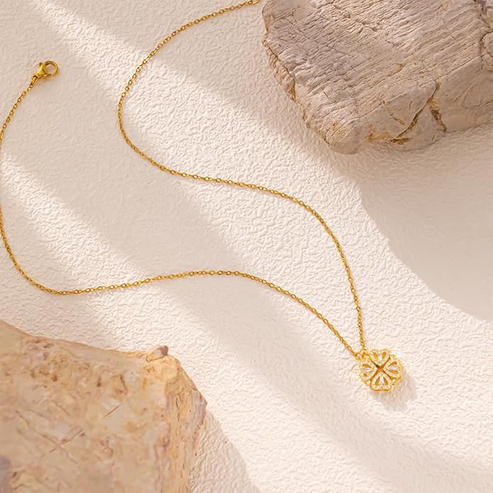 18K Gold Stainless Steel Gold Plated Necklace with Clove Hearts Charm - Can Be Worn Two Ways (Elegant A)