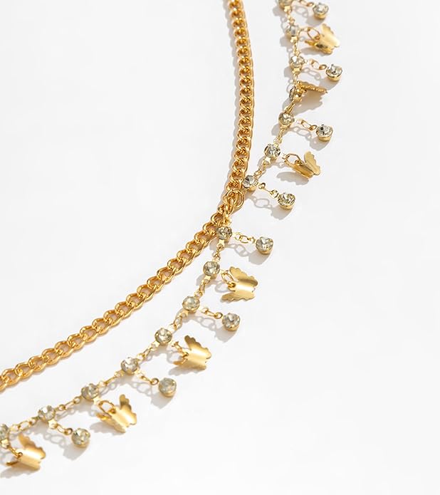 MODRSA Gold Chain Belt - Fashion Waist Chain Belt with Moon, Butterfly Rhinestone & Layered Design