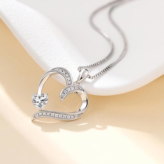 Love Heart Necklace for Women, 925 Sterling Silver Cubic Zirconia Diamond Heart Pendant Jewelry Gift for Mom, Mother, Wife, Girlfriend on Wedding, Birthday, Mother's Day, Chain 18 inch