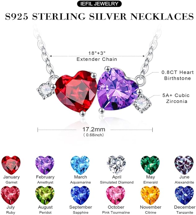 Iefil Double Birthstone Necklace for Women - 0.8CT 925 Sterling Silver Birthstone Necklace, Gifts for Her Wife Girlfriend Mom