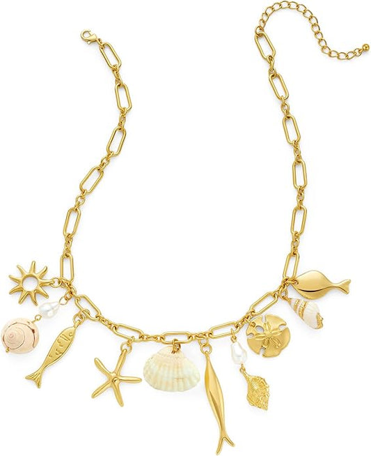 CLASSYZINT Gold Ocean Charms Necklace Shell Starfish Fish Necklace Chunky Acrylic Boho Beach Jewelry
