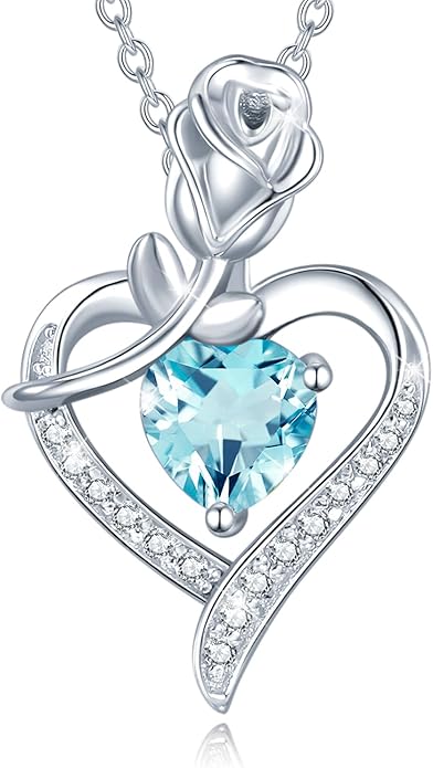 AGVANA Rosy Reverie Birthstone Necklace for Women Sterling Silver Genuine or Created Gemstone Rose Flower Heart Pendant Necklace Anniversary Birthday Gifts for Women Mom Wife Her