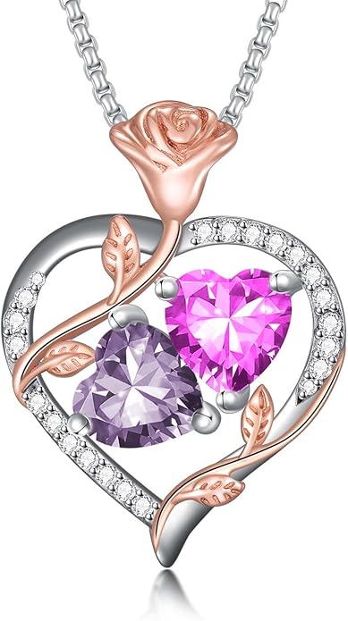 Jewelry for Her Double Heart Rose Birthstone Pendant Necklace Anniversary Jewelry Christmas Birthday Gifts for Women Wife Girlfriend