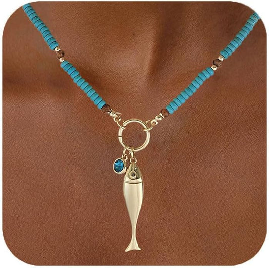 CLASSYZINT Gold Fish Necklace Blue Bead Necklace Boho Ocean Necklace Summer Jewelry for Women