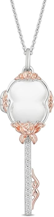 Jewelili Enchanted Disney Fine Jewelry Belle Key Pendant Necklace for Women | 14K Rose Gold over Sterling Silver | 1/10 CTTW Natural White Round Diamond | 18" Cable Chain | Princess Gifts for Her