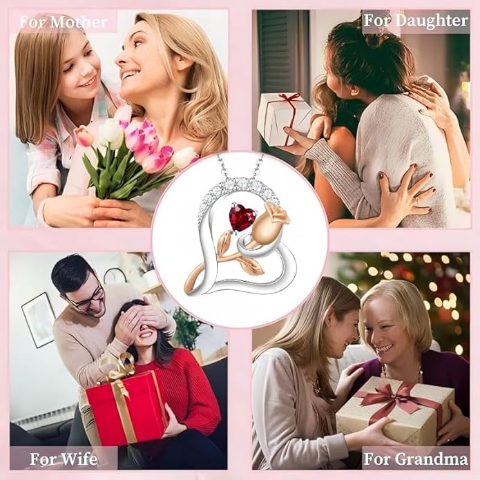 Rose Flower Heart Birthstone Necklaces for Women, 925 Sterling Silver Anniversary Jewelry, Pendant Heart Necklaces Birthday Anniversary Christmas Gift for Women Wife Mom Girlfriend Lady