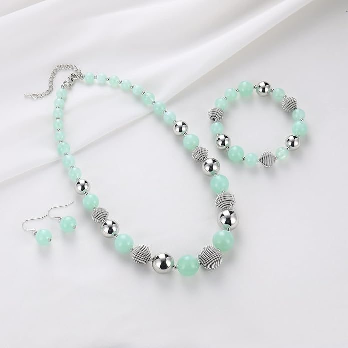 PEARL&CLUB Beaded Chunky Statement Necklace Earring and Bracelet Set Silver Metal Bead Fashion Jewelry Set Mothers’ Day Gifts for Women