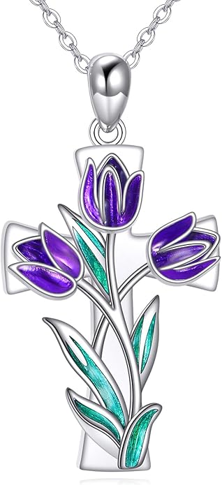 Flower Cross Necklace 925 Sterling Silver Carnation/Rose/Lily/Daisy Cross Necklace Birth Flower Jewelry for Women