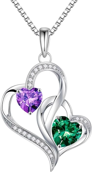 Iefil Birthstone Necklace for Women - 925 Sterling Silver Double Birthstone Heart Necklace | Anniversary Birthday Gifts for Women | Personalized Gifts | Jewelry Gifts for Wife Mom Girlfriend