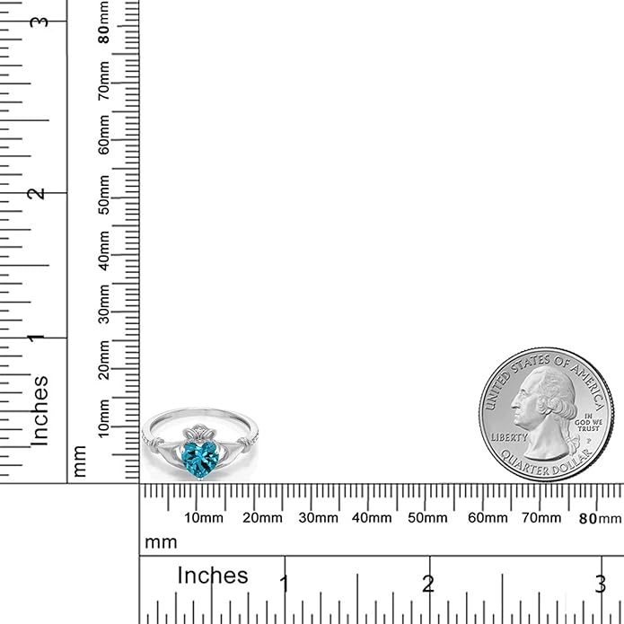 Gem Stone King 10K White Gold 6MM Heart Shape Gemstone Birthstone and White Diamond Irish Celtic Claddagh Engagement Ring | Gold Ring For Women | Available In Size 5, 6, 7, 8, 9