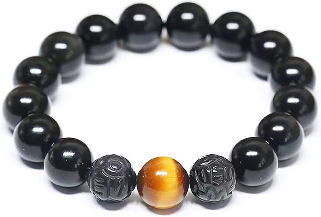Black Obsidian Bracelet,Feng Shui Black Obsidian Wealth Bracelet for Women Men Couples Handmade Stretch Obsidian Bracelet Bangle with Carved Pixiu Tiger Eye Stone Attract Wealth Money and Good Luck