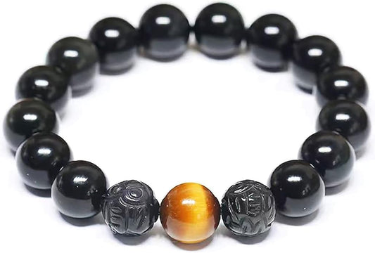 Black Obsidian Bracelet,Feng Shui Black Obsidian Wealth Bracelet for Women Men Couples Handmade Stretch Obsidian Bracelet Bangle with Carved Pixiu Tiger Eye Stone Attract Wealth Money and Good Luck