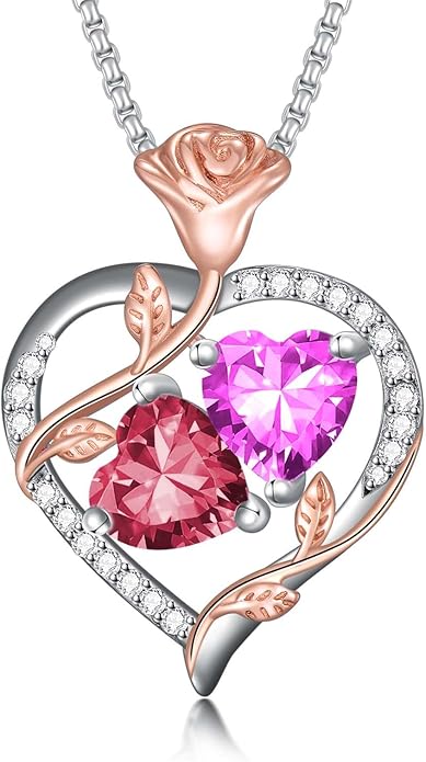 Jewelry for Her Double Heart Rose Birthstone Pendant Necklace Anniversary Jewelry Christmas Birthday Gifts for Women Wife Girlfriend