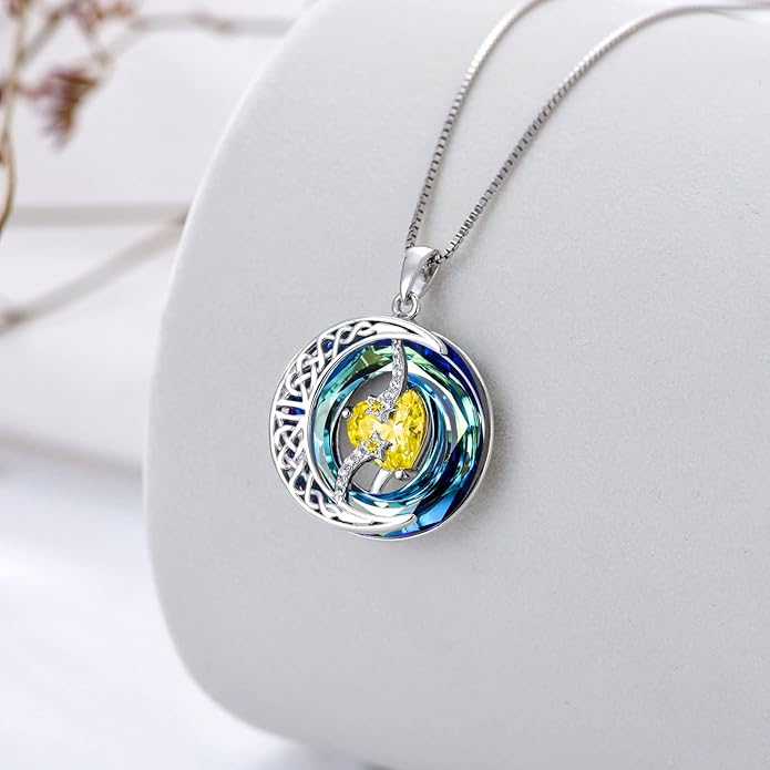 TOUPOP Birthstone Necklace 925 Sterling Silver Moon and Star Pendant with Blue Crystal Celtic Moon Jewelry Birthday Christmas Gifts for Women Mom Wife Her Daughter