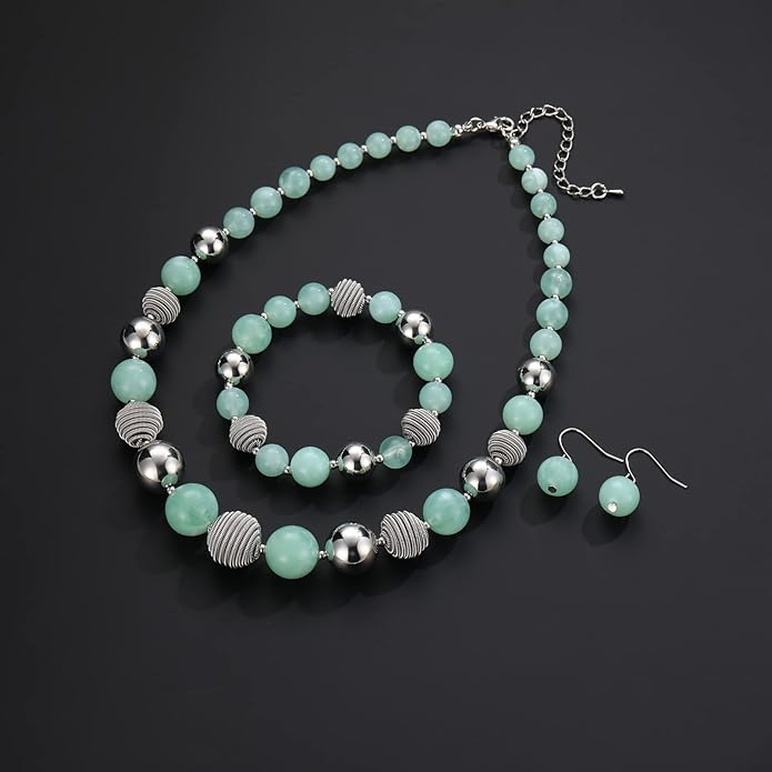 PEARL&CLUB Beaded Chunky Statement Necklace Earring and Bracelet Set Silver Metal Bead Fashion Jewelry Set Mothers’ Day Gifts for Women