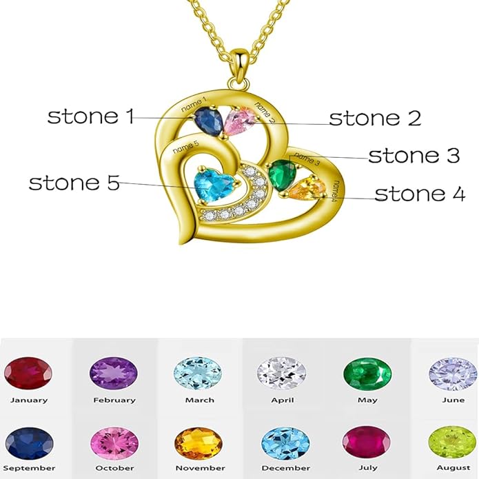 10K 14K 18K Gold Natural Diamond Personalized Mother Name Necklace with 1-6 Birthstones Sterling Silver Custom Heart Name Necklace for Women Mom Grandmother Wife Friend Gifts for Mother's Day