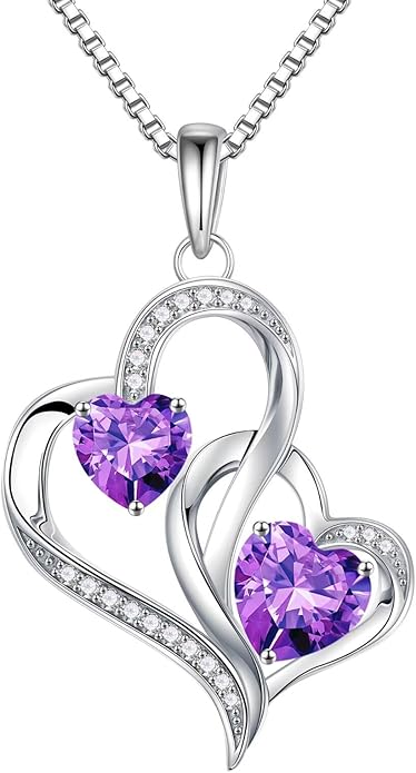 Iefil Birthstone Necklace for Women - 925 Sterling Silver Double Birthstone Heart Necklace | Anniversary Birthday Gifts for Women | Personalized Gifts | Jewelry Gifts for Wife Mom Girlfriend