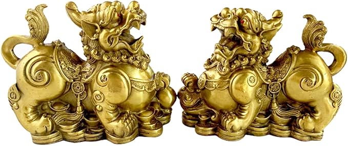 Brass pixiu statue 2set,Feng Shui home Decor a pair pi yao brass sculpture,good luck golden wealth pixiu statue （4.4" L x 1.9" W x 3.6" H ）